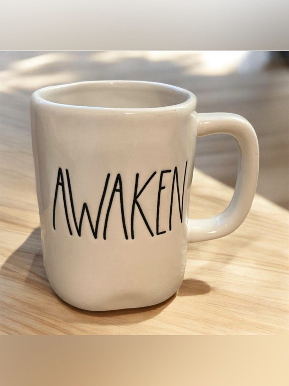 Rae Dunn "AWAKEN" White Coffee Tea Mug Minimalist